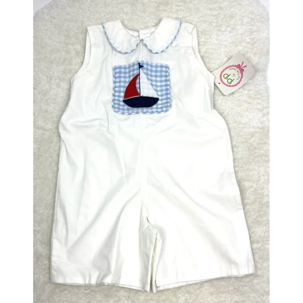 Posh Pickle Boys 3T Shortall White with Sailboat Blue Gingham Trim‎ NWT Lined